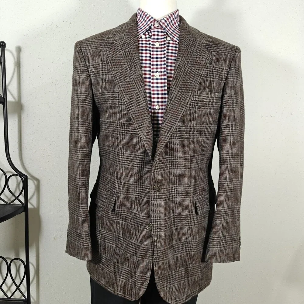Haggar Men's Tweed Sport Coat Blazer Two Button Brown Plaid Wool Blend Size‎ 42L